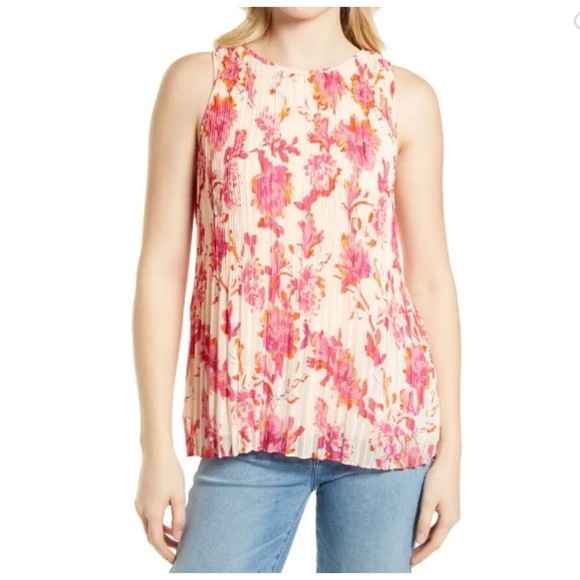 Halogen(R) Sleeveless Pleated Georgette Top In Pink Sheer Medow Floral Size Smal - Picture 1 of 5